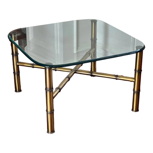 1960s Hollywood Regency Faux Bamboo Brass Finish Tole Side Table For Sale