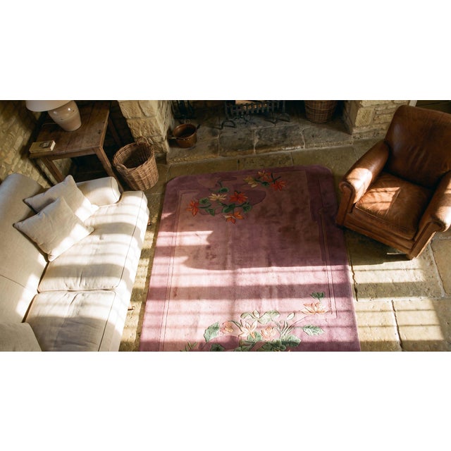 1920s Purple Floral Antqiue Pair of Chinese Art Deco Carpets 3' X 4'7" Knotted Wool Rugs For Sale - Image 14 of 15