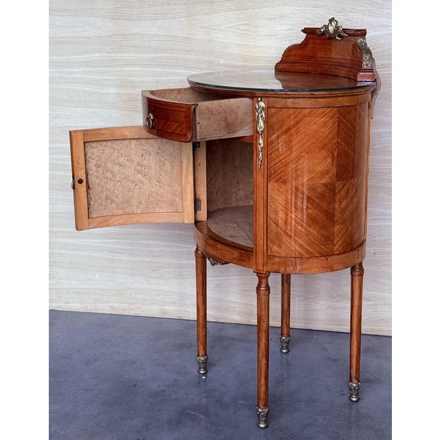 Wood 19th Century Louis XVI Marquetry Nightstands with Bronze & Mirror Crest, 1890s, Set of 2 For Sale - Image 7 of 14