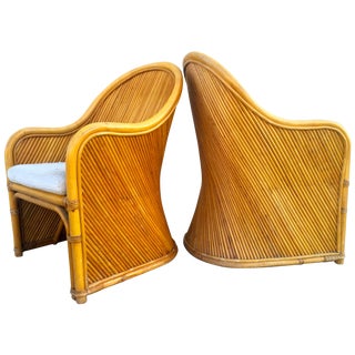 Mid-Century Mod Curved Rattan Lounge Chairs - Pair For Sale