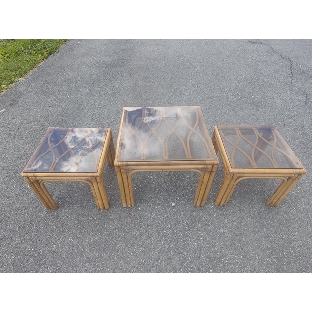 Vintage Boho Bamboo Rattan Table Set- Set of Three For Sale - Image 12 of 12