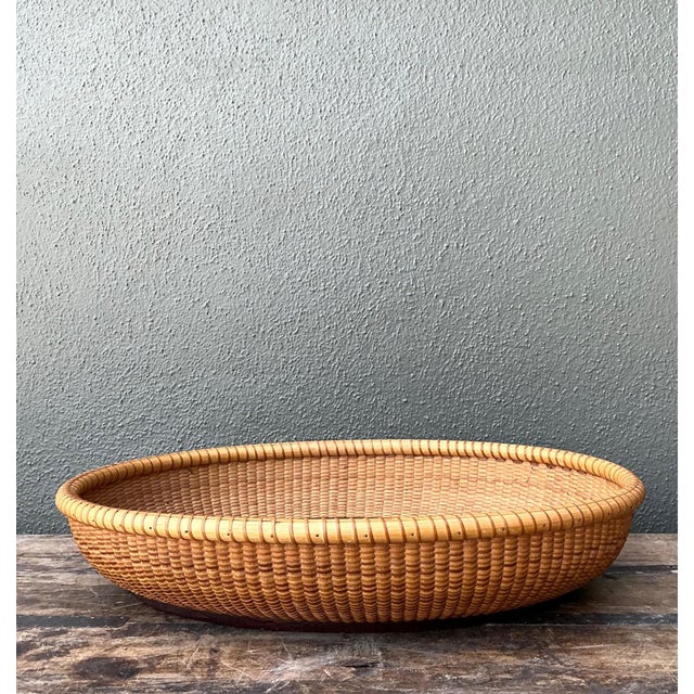 Contemporary Vintage Rattan Woven Nantucket Basket With Wood Base For Sale - Image 3 of 12