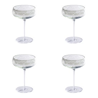 Audrey 4-Piece Set Hand Etched Coupe Glasses, Green Luster For Sale