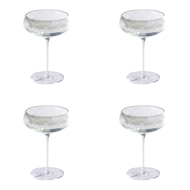 Audrey 4-Piece Set Hand Etched Coupe Glasses, Green Luster For Sale