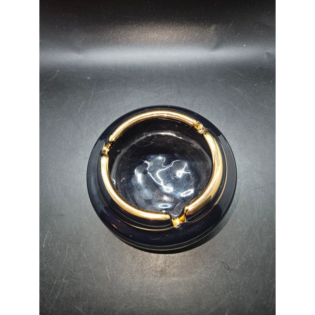 Handmade Greece Faience Cobalt Blue With 24k Gold Trim Ashtray