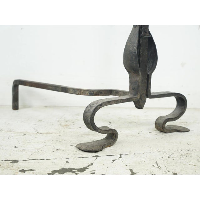 Black Pair of Antique French Basket Top Wrought Iron Andirons For Sale - Image 8 of 12
