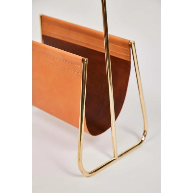 Metal Carl Auböck Model #4019-2 Cognac Leather and Brass Magazine Rack For Sale - Image 7 of 11