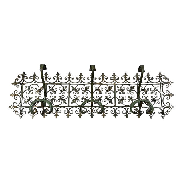 Antique Green Wrought Iron Wall Coat Rack with Floral Decorations, 20th Century For Sale