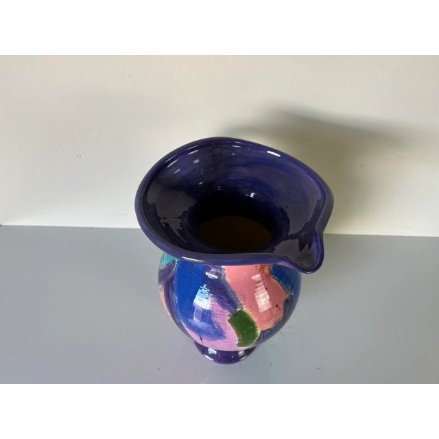 Ceramic 80's Vintage Art Hand Painted Abstract Pattern Decorative Ceramic Pitcher Vase For Sale - Image 7 of 13