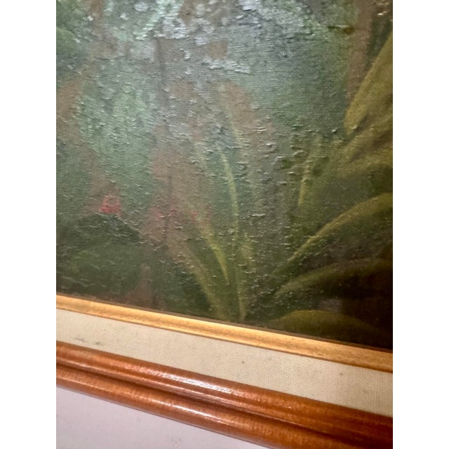 Vintage Boho Bamboo Parrot Painting, Illegible Signature, Framed 48” X 36 - Signed Unknown Artist For Sale - Image 9 of 12