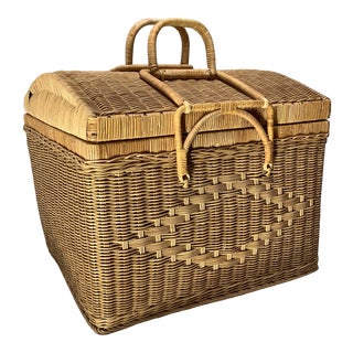 1970s Extra Large Wicker Suitcase Style Storage Basket With Hinged Lid in Natural Tan Rattan For Sale