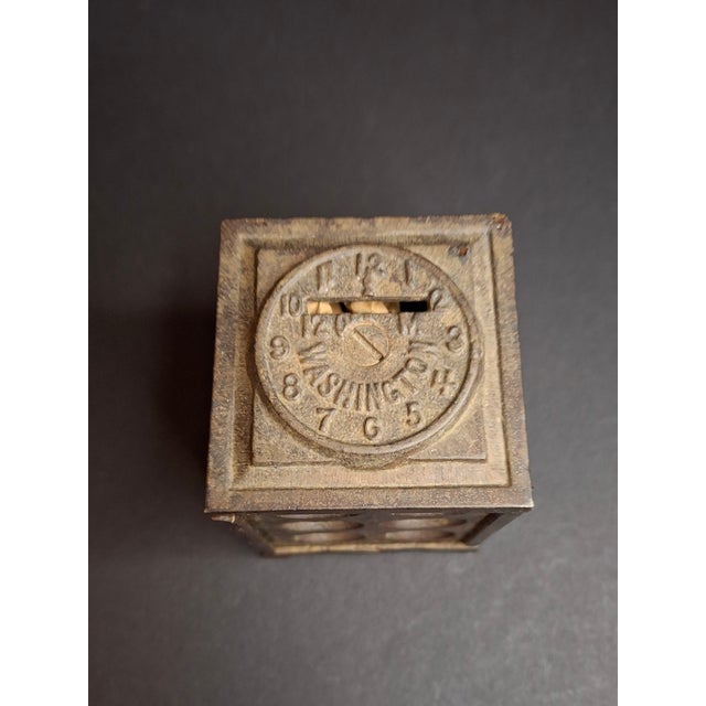 Antique Arcade Cast Iron World Times Clock Still Bank Original Paper Insert C. 1910 For Sale - Image 9 of 15