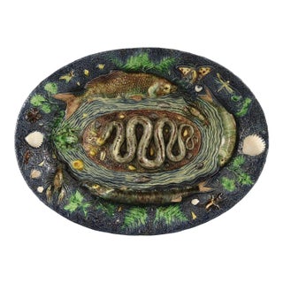 Large School of Paris Palissy Majolica Wall Platter With Snake and Fish For Sale