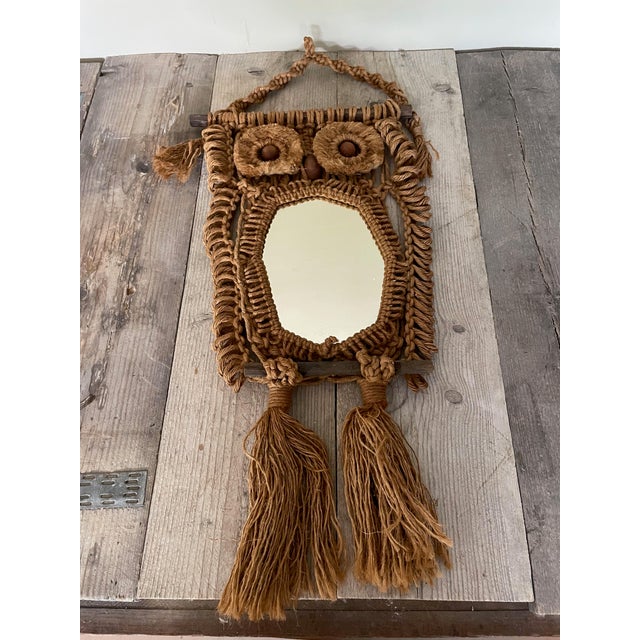 Tan Macrame Owl Mirror, 1970s For Sale - Image 8 of 8