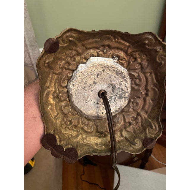 Vintage Victorian Revival Table Lamp Heavy Brass Stone Base Amber Fringe Shade For Sale - Image 16 of 16