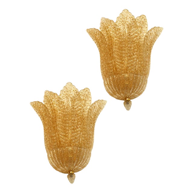 Transparent and Gold Graniglia Leaf Murano Glass Wall Sconces by Simoeng, Set of 2 For Sale