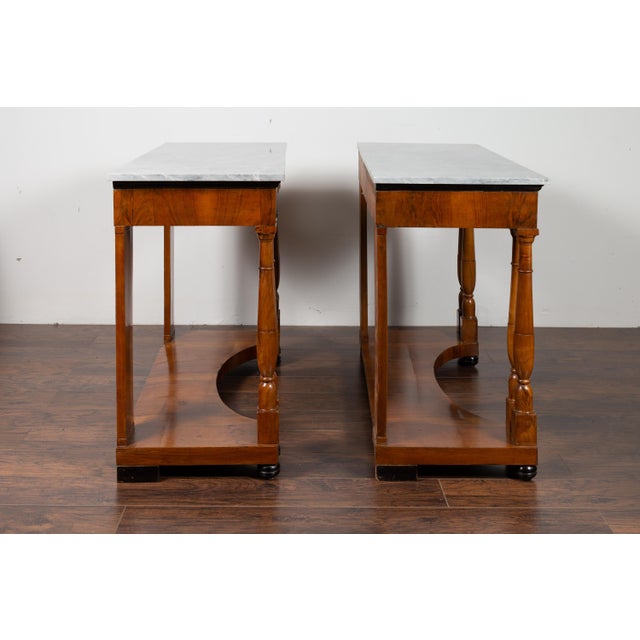 Pair of French 1860s Napoleon III Period Walnut Console Tables with Marble Tops For Sale - Image 11 of 12