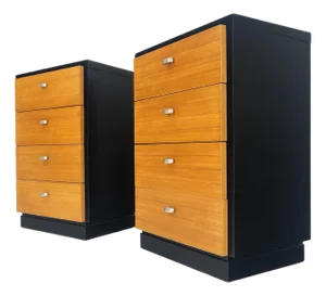 Pair of 4 Drawers Blond Birch Drawers Black Lacquer Night Stands End Side Tables