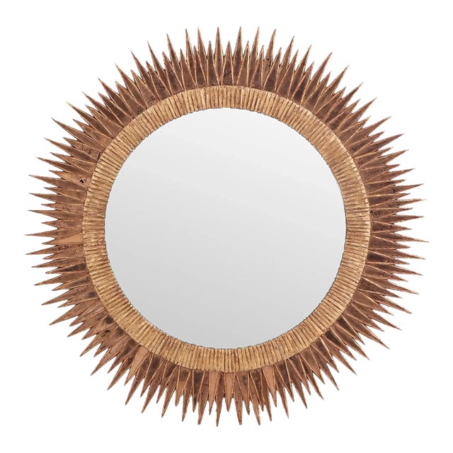 Large Rose Gold Pink Glass Sunburst Convex Mirror in the Manner of Line Vautrin's "Soleil À Pointes" Design. For Sale
