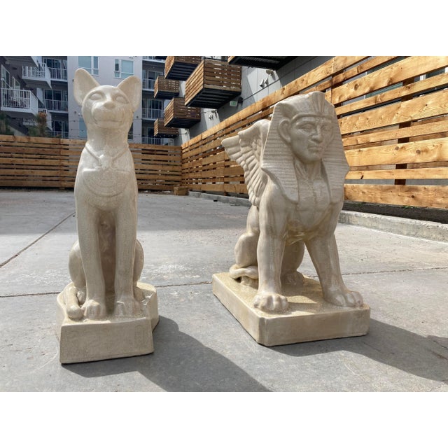 1980s Egyptian Sphinx & Cat Statue in Crackle Glazed Porcelain a Set Chairish