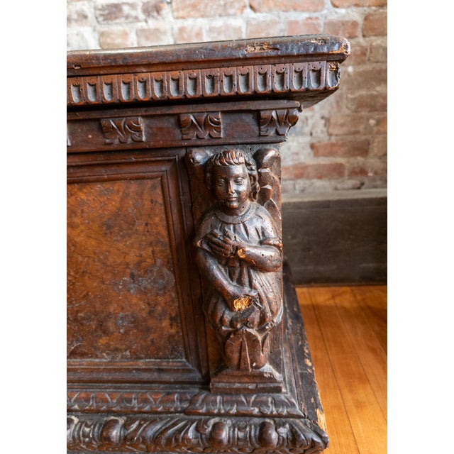 17th Century Italian Baroque Walnut Cassone Chest With Crest and Burl Panels For Sale - Image 10 of 18