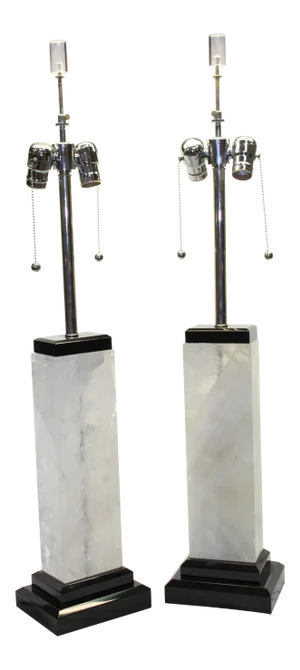 Modern, Rock Crystal Lamps on Black Marble Base - A Pair