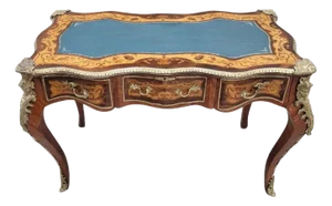 Antique French Louis XV Style Heavily Detailed Inlay Kingswood & Mahogany With Brass Ormolu Mounted Blue Leather Topped 3 Drawer Writing Desk