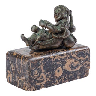 Miniature Indian Bronze Reclining Bala Krishna Sculpture on Marble Base For Sale
