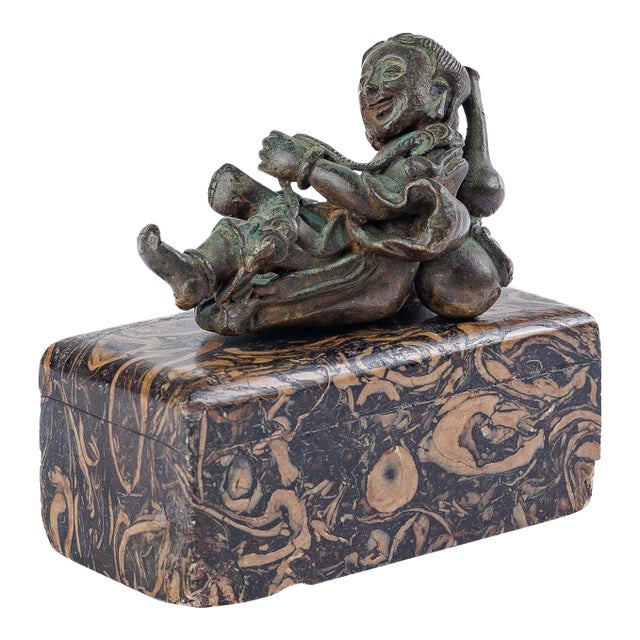 Miniature Indian Bronze Reclining Bala Krishna Sculpture on Marble Base For Sale