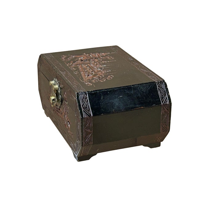 Wood Vintage Asian Black Copper Color Scenery Motif Storage Accent Box For Sale - Image 7 of 12