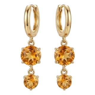 18k Gold Plated Citrine Two-Stone Dangle Huggie Hoops, Yellow Gemstone Drop Earrings - A Pair For Sale