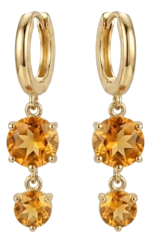 18k Gold Plated Citrine Two-Stone Dangle Huggie Hoops, Yellow Gemstone Drop Earrings - A Pair