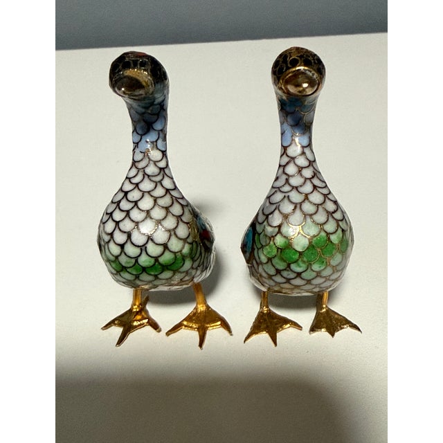 Vintage Hand-Wired Chinese Cloisonne Duck Pair Polychrome Enamel For Sale - Image 4 of 9