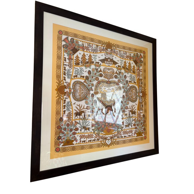 HERMES Carre 90 "Decoupages" Silk Twill Scarf inspired by German paper cutting (Scherenschnitte). Golds, browns, greens,...