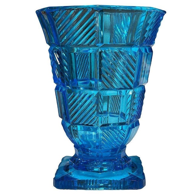1930s 1930s Art Deco Aqua Blue Leaded Glass Checkered Geometric Pedestal Vase For Sale - Image 5 of 6