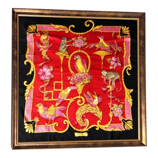 Framed Salvatore Ferragamo Silk Scarf, Exotic Birds & Monkeys, 37" X 37" Luxury Wall Art For Sale