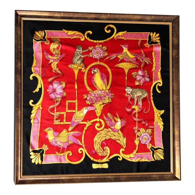 Framed Salvatore Ferragamo Silk Scarf, Exotic Birds & Monkeys, 37" X 37" Luxury Wall Art For Sale