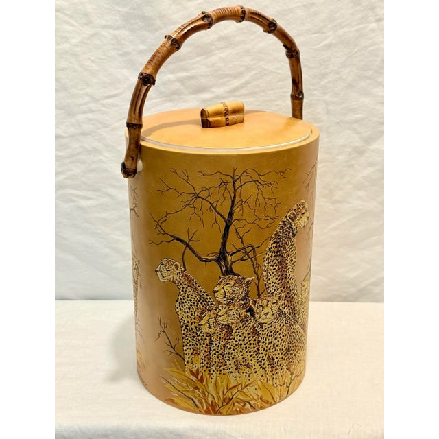 Mid-Century Modern Stunning Vintage 1970s Abercrombie & Fitch Cheetah Print Ice Bucket With Faux Bamboo Handle – Retro Safari Home Decor For Sale - Image 3 of 10