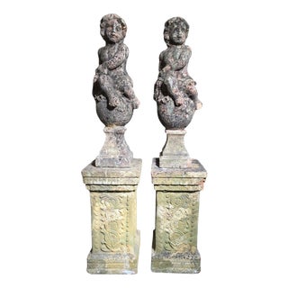 Pair of Italian Cherub Sculptures with Pedest, 1890, Terracotta For Sale
