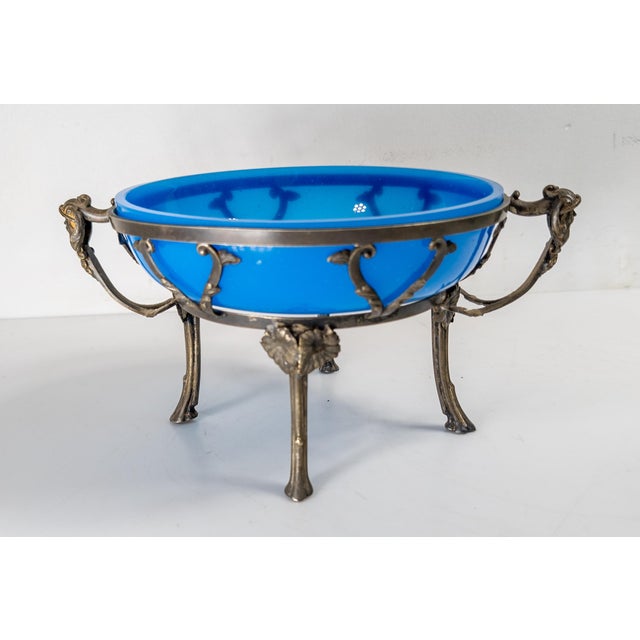 Early 20th Century French Blue Opaline Glass and Silverplate Tazza Bowl For Sale - Image 4 of 18