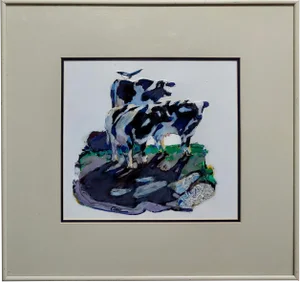 "Black & White Cows and Magpie Bird" Painting by Marianne Cone