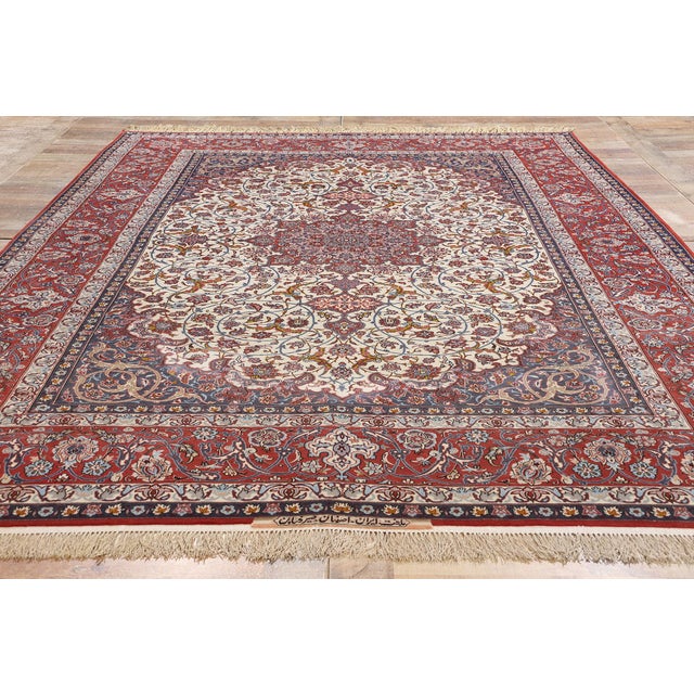 Signed Seirafian Vintage Ivory Persian Isfahan Rug - 06'09 X 10'06 For Sale - Image 9 of 10
