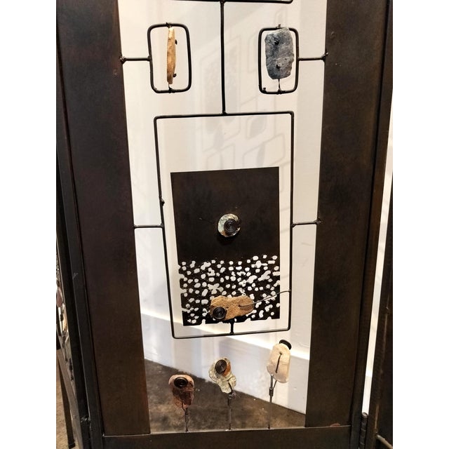 1980s Post Modern 80's 90's Iron Folding Screen With Wood and Stone Elements For Sale - Image 5 of 6