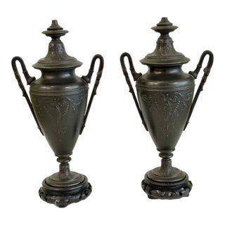 Vintage Neoclassical Cast Iron/Spelter Urns - A Pair For Sale