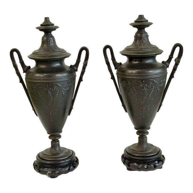 Vintage Neoclassical Cast Iron/Spelter Urns - A Pair For Sale