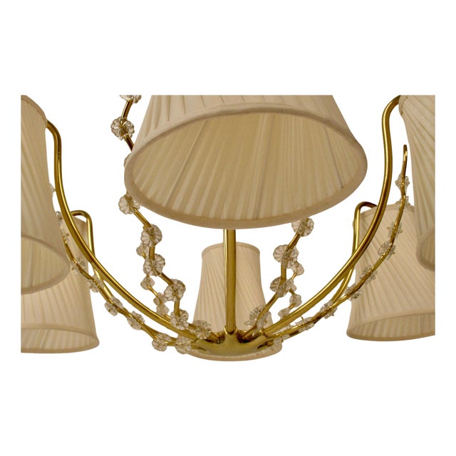 Austrian 6-Arm Chandelier in Brass with Silk Shades attributed to Josef Frank, 1950s For Sale