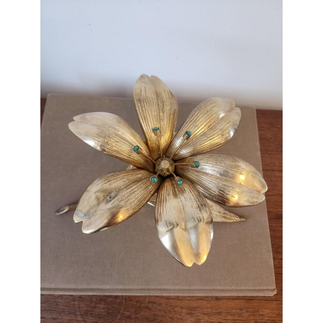 Mid 20th Century Vintage Italian Gilt Brass Flower Candle Holder Hollywood Regency Floral Centerpiece Gold Metal Lily Sculpture Decor For Sale - Image 5 of 16