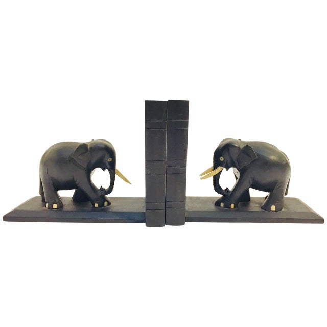 Hand Carved Wooden Elephant Bookends Chairish