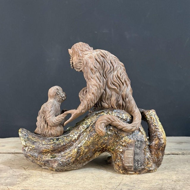Asian Vintage Shiwan Pottery Monkey & Baby Sculpture With Peaches - 12" Tall For Sale - Image 3 of 9