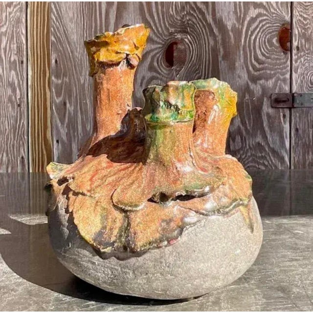 Vintage Organic Modern Sculptural Three-Spout Pottery Vase For Sale - Image 12 of 16